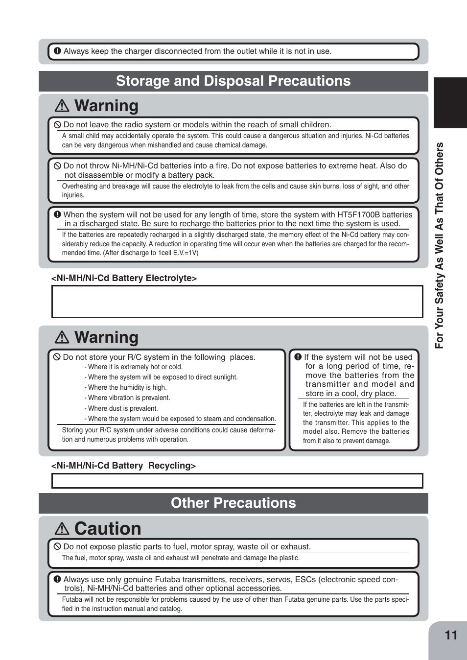 Caution, Warning, Storage and disposal precautions | Other precautions | Futaba 4PKS-R 2.4GHz User Manual | Page 11 / 142