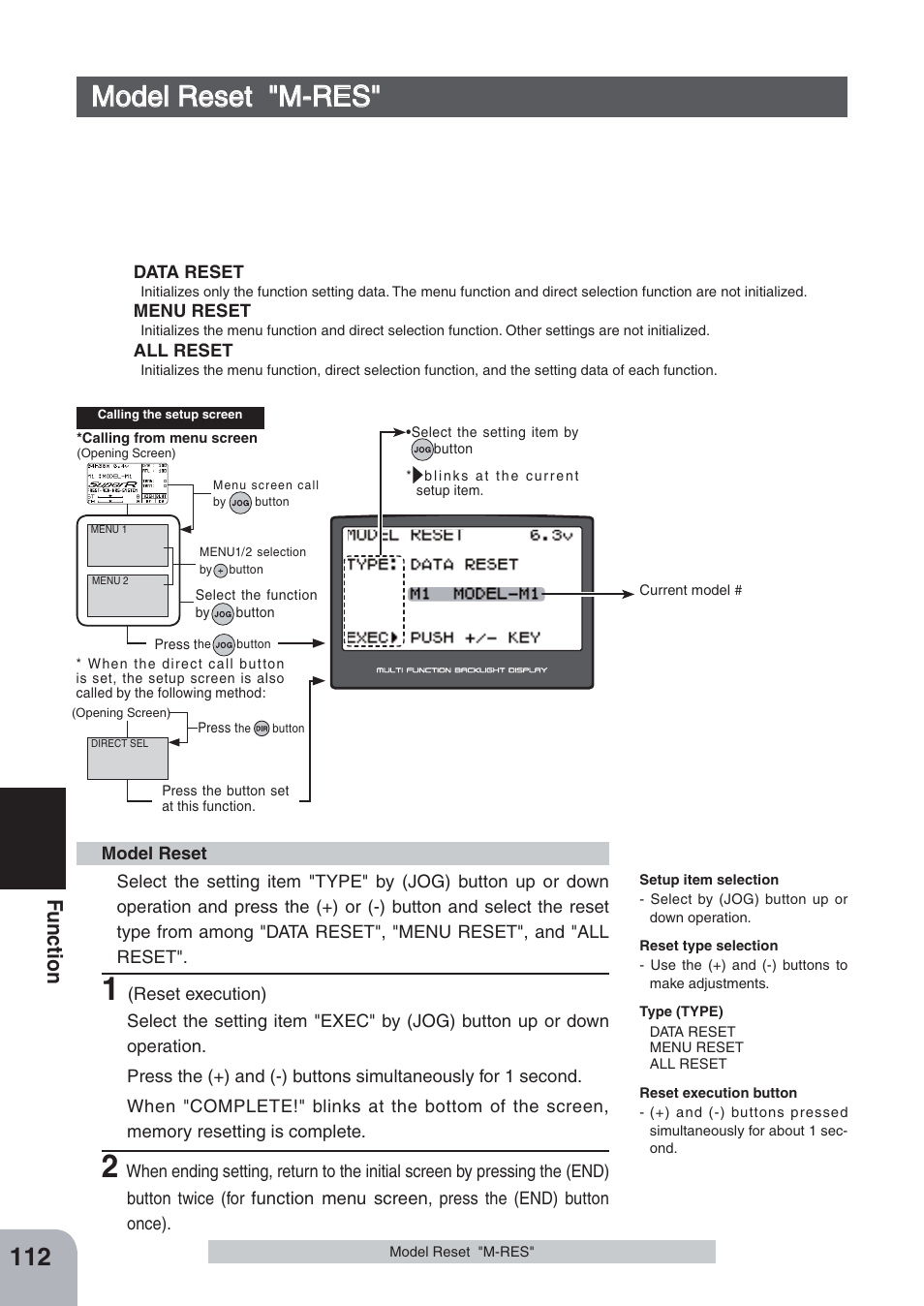 Model reset "m-res, Fu n c tio n | Futaba 4PKS-R 2.4GHz User Manual | Page 112 / 142