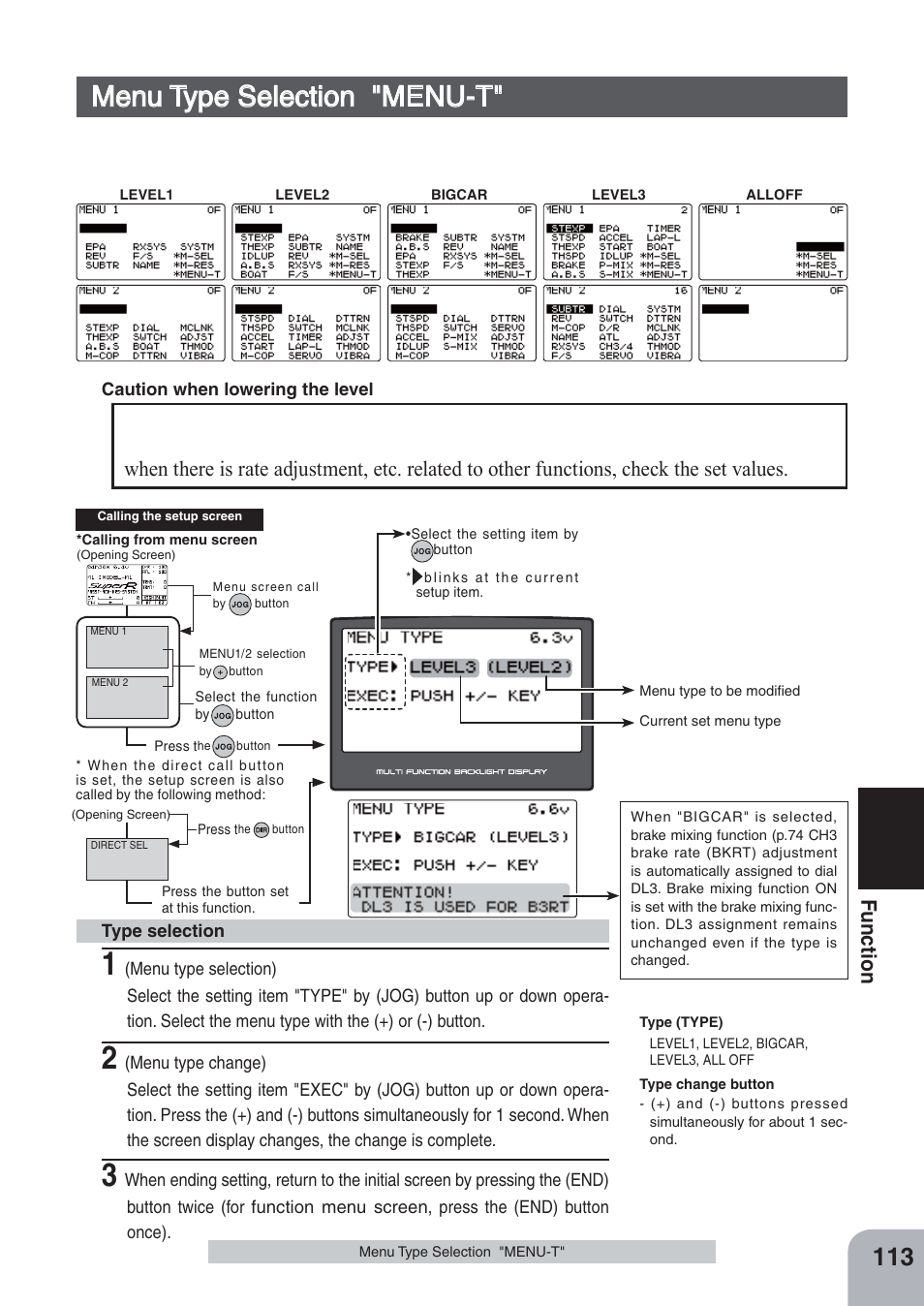 Menu type selection "menu-t, Fu n c tio n | Futaba 4PKS-R 2.4GHz User Manual | Page 113 / 142