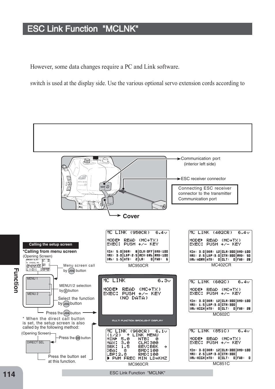 Esc link function "mclnk, Fu n c tio n, Cover | Futaba 4PKS-R 2.4GHz User Manual | Page 114 / 142