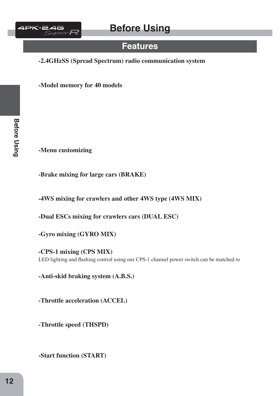 Before using, Features | Futaba 4PKS-R 2.4GHz User Manual | Page 12 / 142