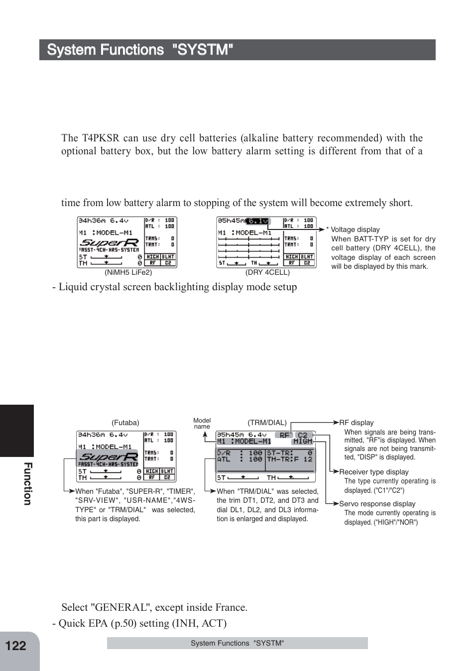 System functions "systm, Fu n c tio n | Futaba 4PKS-R 2.4GHz User Manual | Page 122 / 142