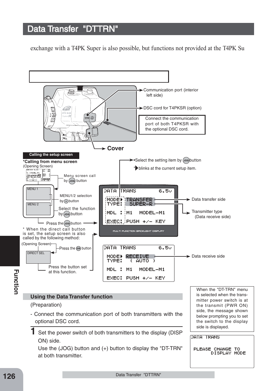 Data transfer "dttrn, Fu n c tio n, Data is not interchangeable with t4pk | Cover | Futaba 4PKS-R 2.4GHz User Manual | Page 126 / 142