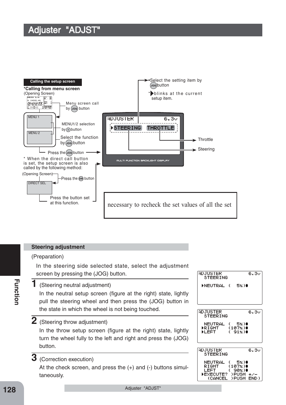 Adjuster "adjst, Fu n c tio n | Futaba 4PKS-R 2.4GHz User Manual | Page 128 / 142