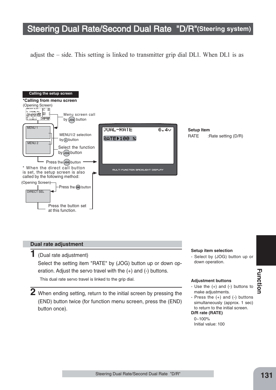 Steering dual rate/second dual rate "d/r, Fu n c tio n | Futaba 4PKS-R 2.4GHz User Manual | Page 131 / 142