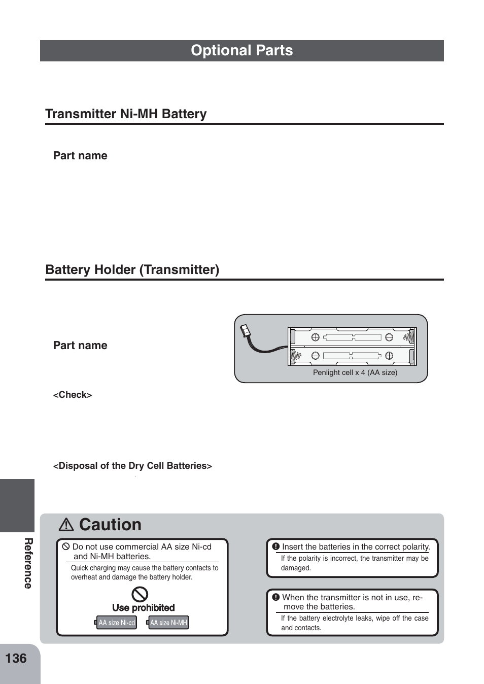 Caution, Optional parts, Transmitter ni-mh battery | Battery holder (transmitter) | Futaba 4PKS-R 2.4GHz User Manual | Page 136 / 142