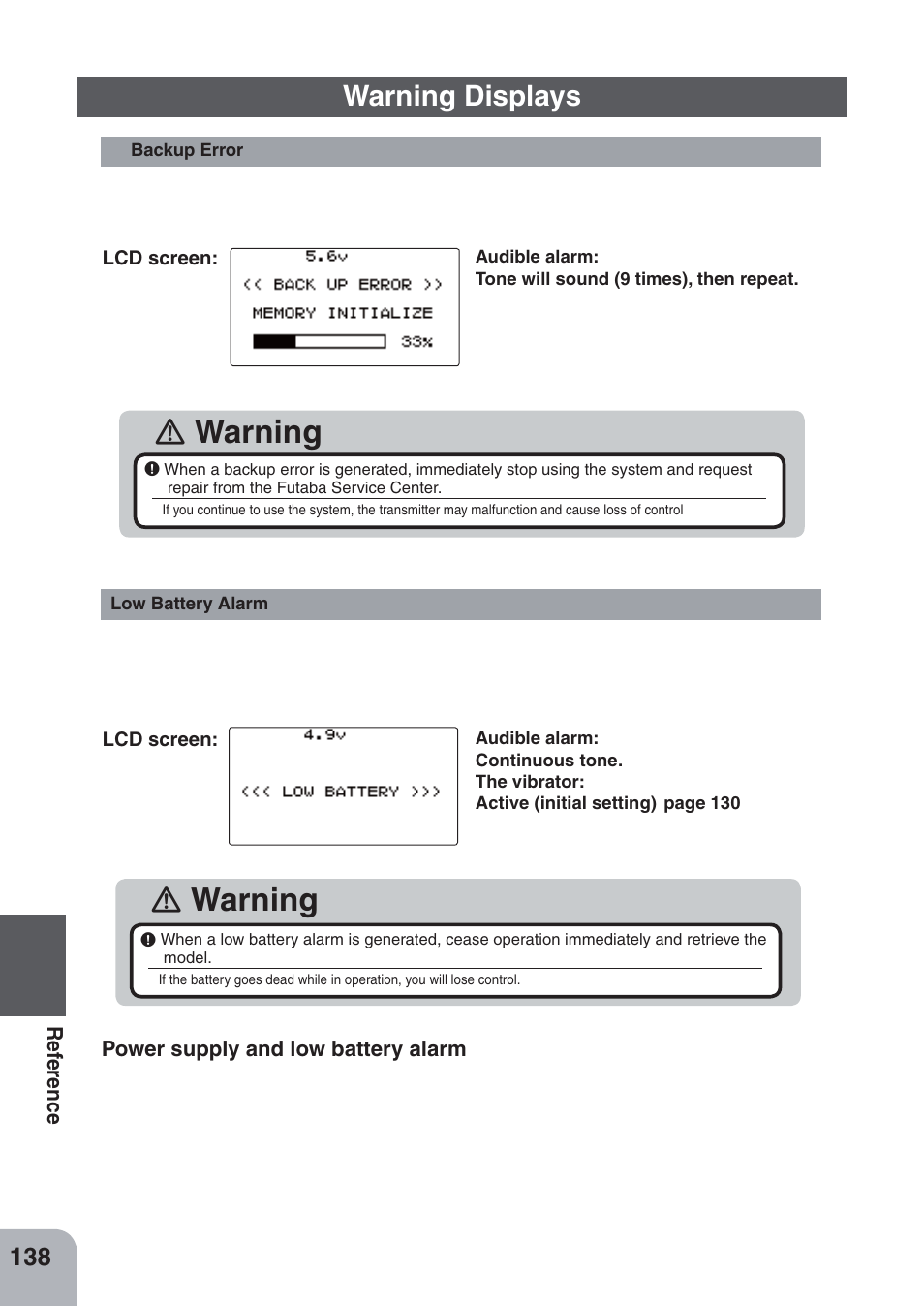 Warning, Warning displays | Futaba 4PKS-R 2.4GHz User Manual | Page 138 / 142