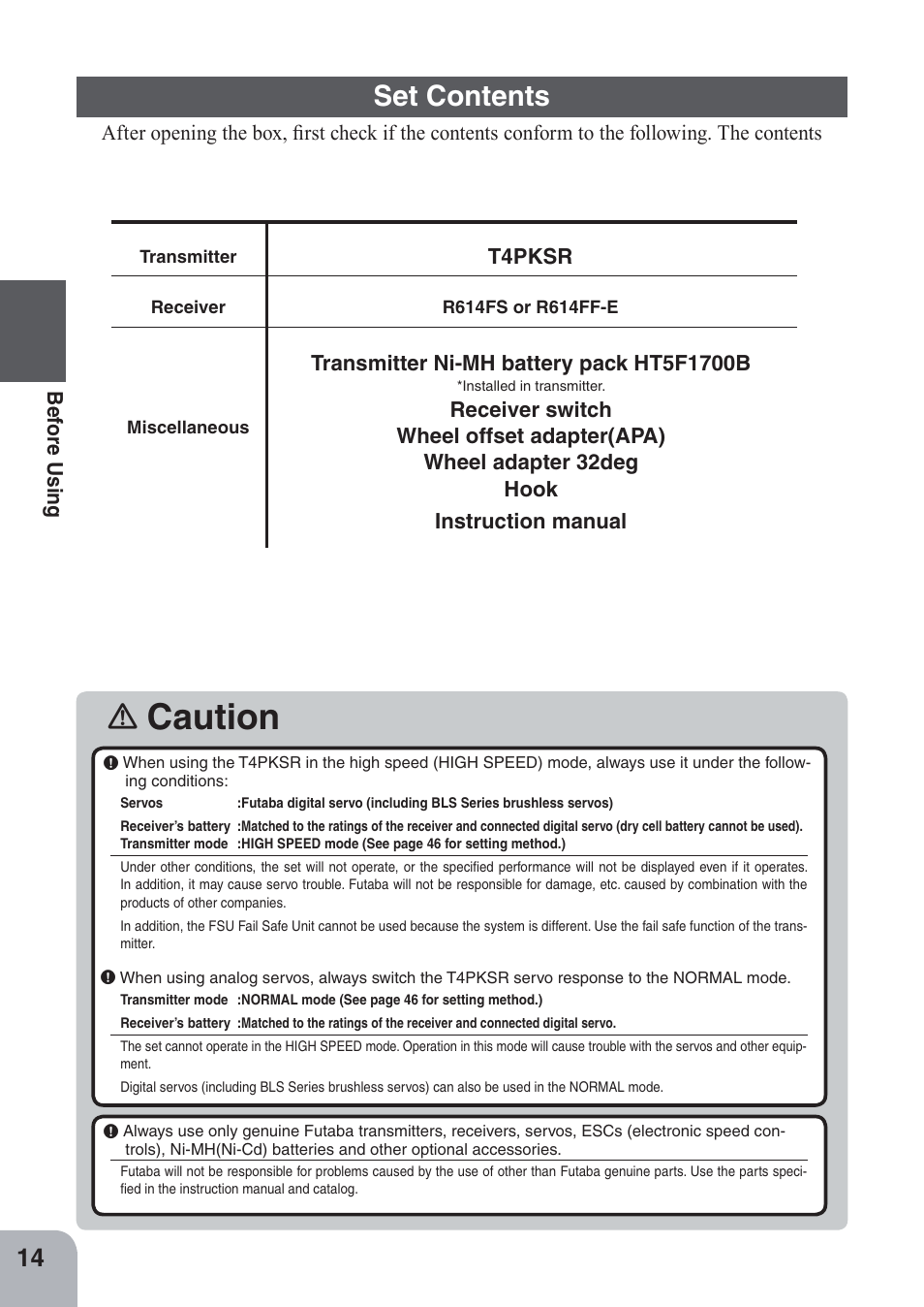 Caution, Set contents | Futaba 4PKS-R 2.4GHz User Manual | Page 14 / 142