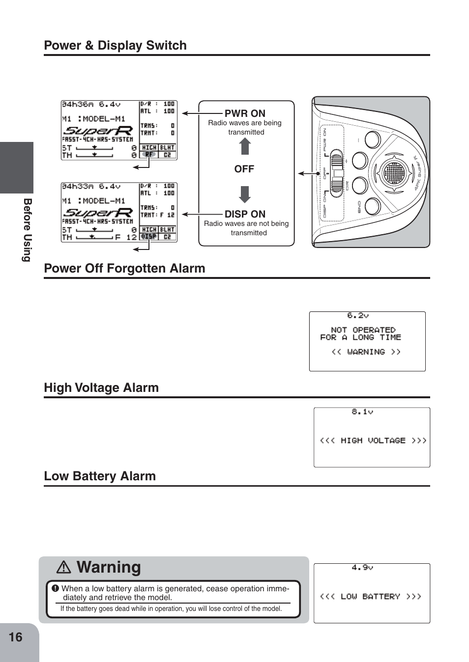 Warning, Power & display switch, Power off forgotten alarm | High voltage alarm, Low battery alarm | Futaba 4PKS-R 2.4GHz User Manual | Page 16 / 142