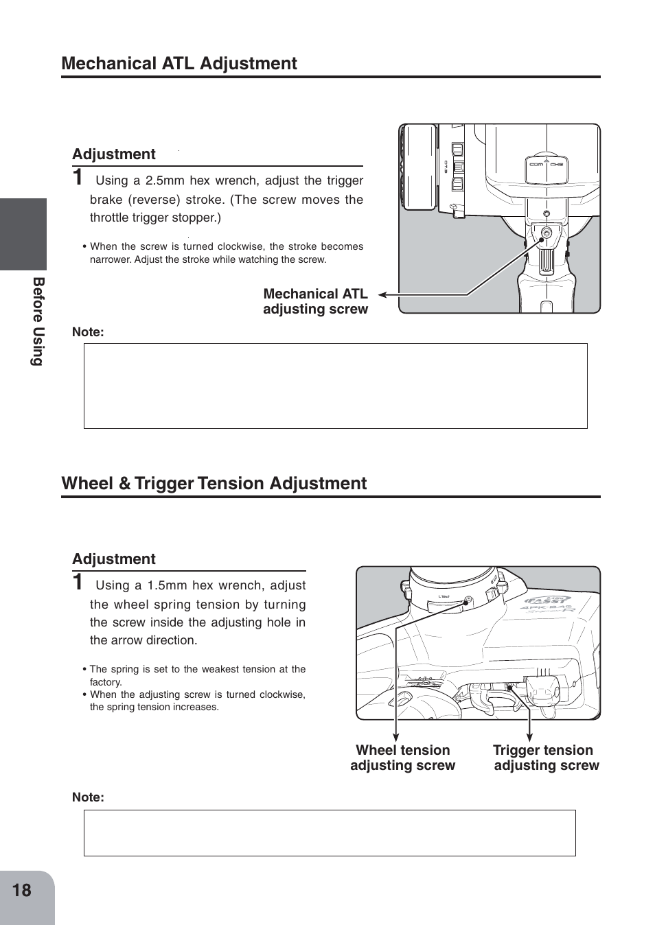 Mechanical atl adjustment, Wheel & trigger tension adjustment | Futaba 4PKS-R 2.4GHz User Manual | Page 18 / 142