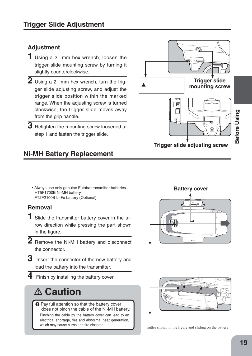 Caution, Ni-mh battery replacement, Trigger slide adjustment | Futaba 4PKS-R 2.4GHz User Manual | Page 19 / 142