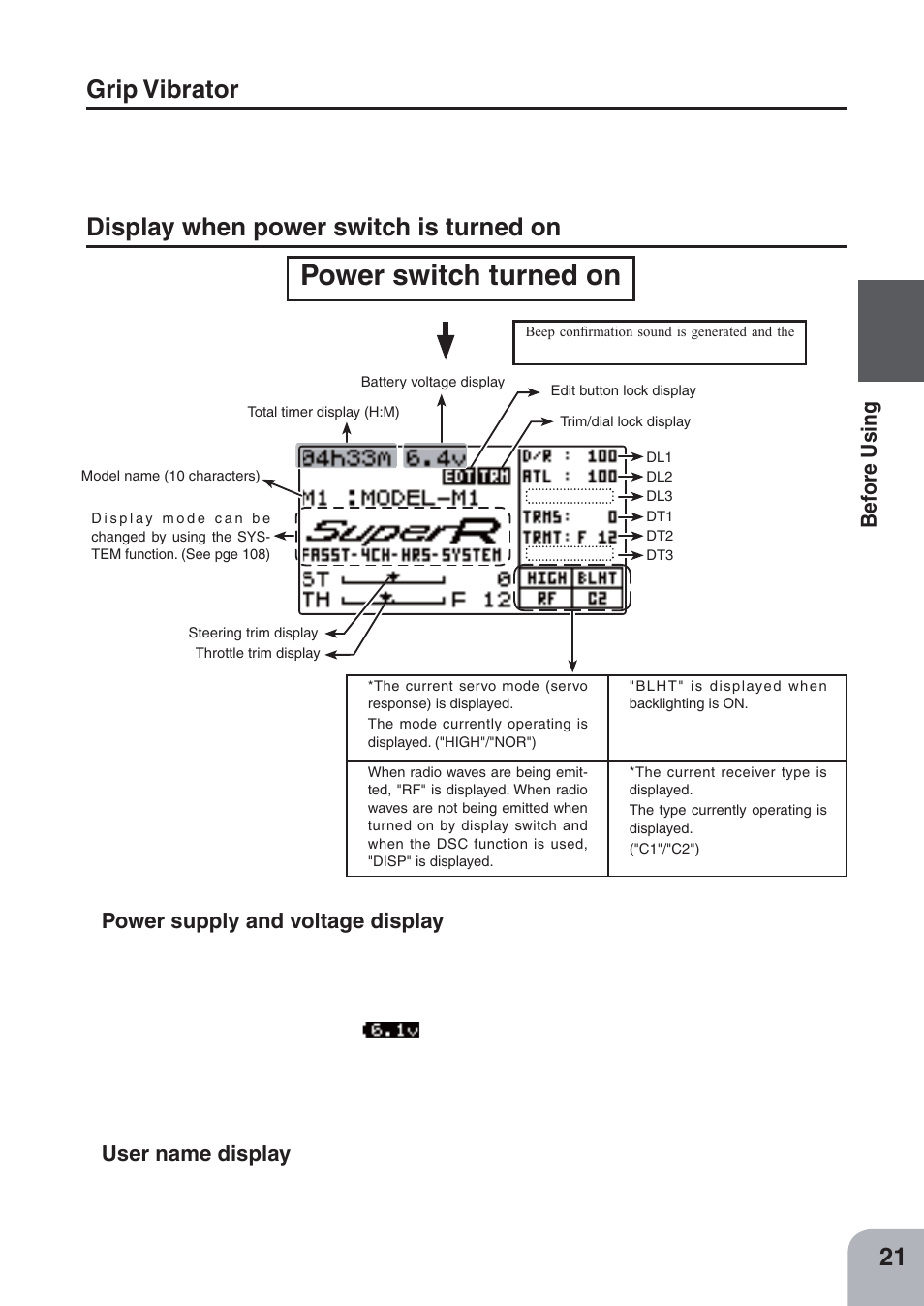 Power switch turned on, Grip vibrator, Display when power switch is turned on | Be for e using | Futaba 4PKS-R 2.4GHz User Manual | Page 21 / 142