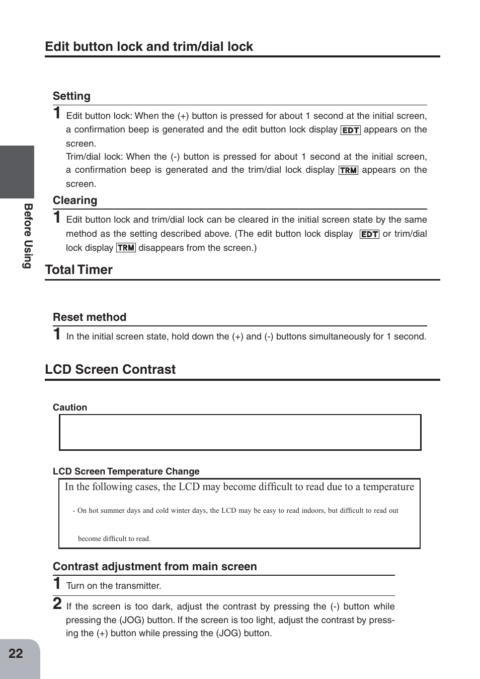 Total timer, Lcd screen contrast, Edit button lock and trim/dial lock | Futaba 4PKS-R 2.4GHz User Manual | Page 22 / 142