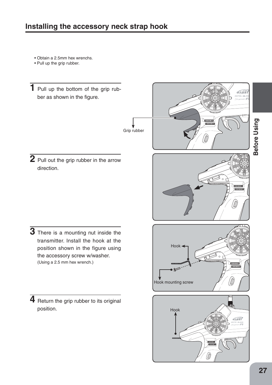 Installing the accessory neck strap hook | Futaba 4PKS-R 2.4GHz User Manual | Page 27 / 142