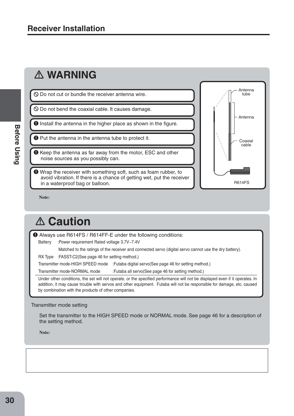 Caution, Warning, Receiver installation | Be for e using | Futaba 4PKS-R 2.4GHz User Manual | Page 30 / 142