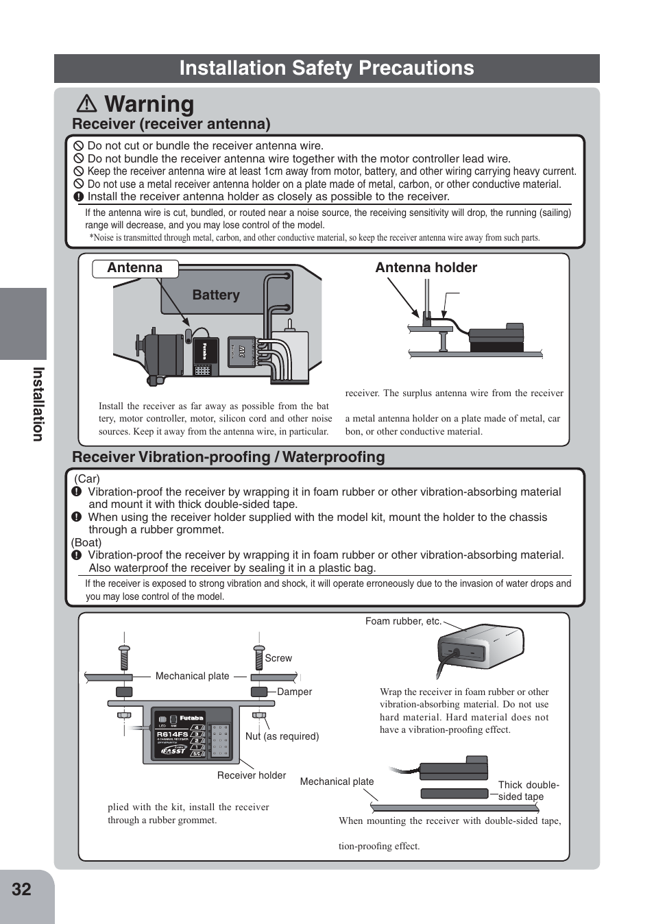 Warning, Installation safety precautions | Futaba 4PKS-R 2.4GHz User Manual | Page 32 / 142