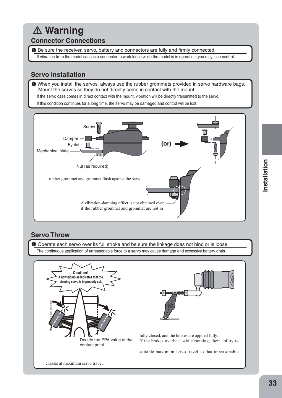 Warning, Servo throw | Futaba 4PKS-R 2.4GHz User Manual | Page 33 / 142