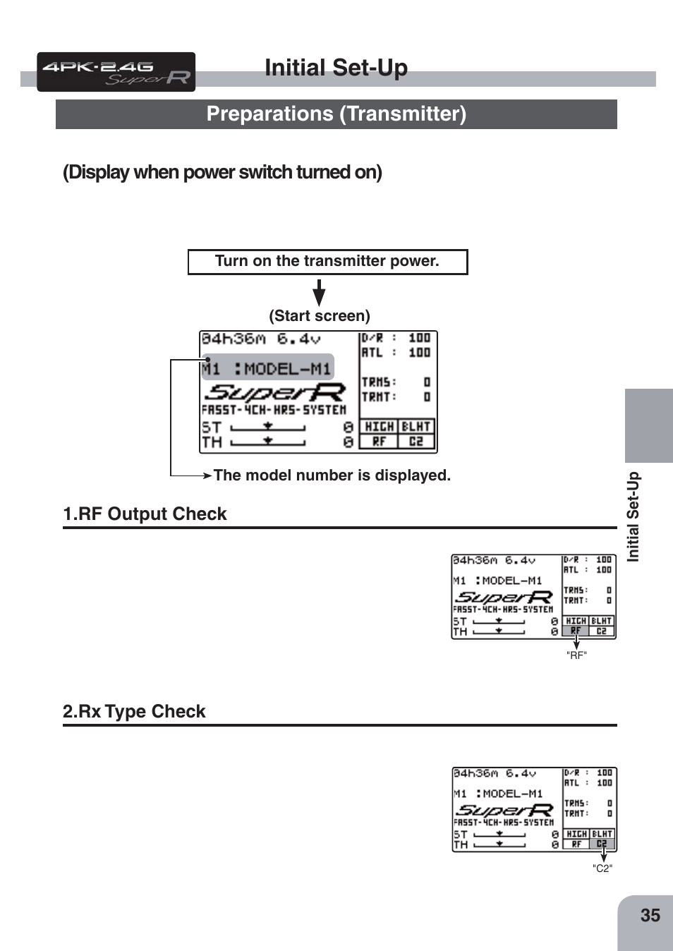 Initial set-up, Preparations (transmitter), Display when power switch turned on) | Futaba 4PKS-R 2.4GHz User Manual | Page 35 / 142