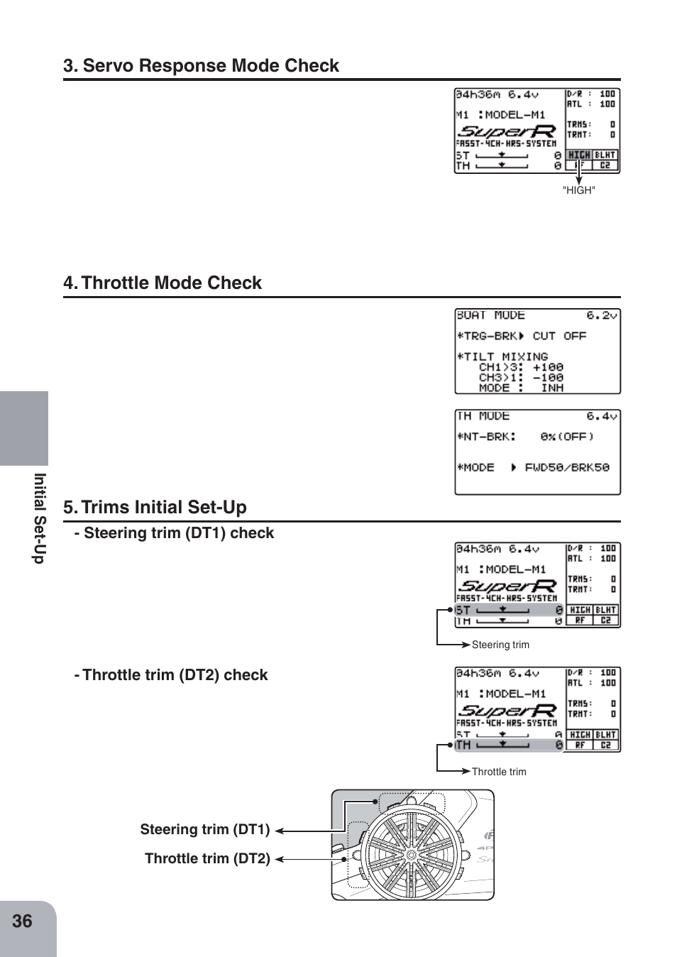 Trims initial set-up, Servo response mode check, Throttle mode check | Futaba 4PKS-R 2.4GHz User Manual | Page 36 / 142