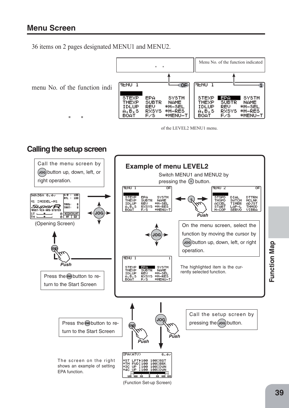 Menu screen, Calling the setup screen, Example of menu level2 | Futaba 4PKS-R 2.4GHz User Manual | Page 39 / 142