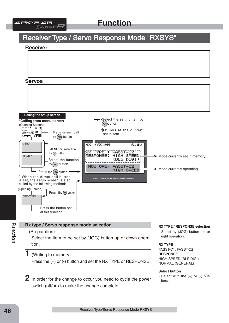 Function, Receiver type / servo response mode "rxsys, Fu n c tio n | Futaba 4PKS-R 2.4GHz User Manual | Page 46 / 142