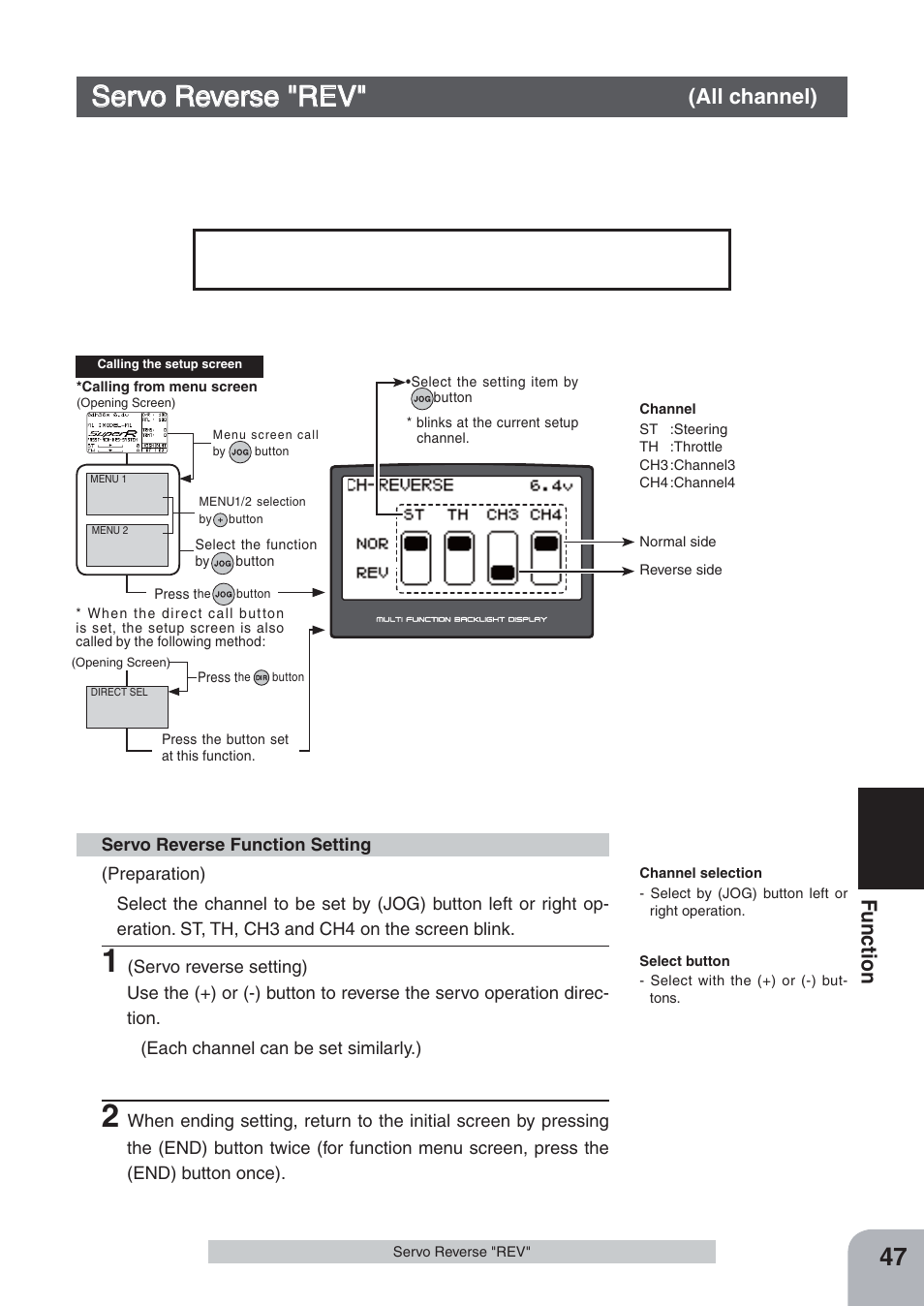 Servo reverse "rev, Fu n c tio n | Futaba 4PKS-R 2.4GHz User Manual | Page 47 / 142