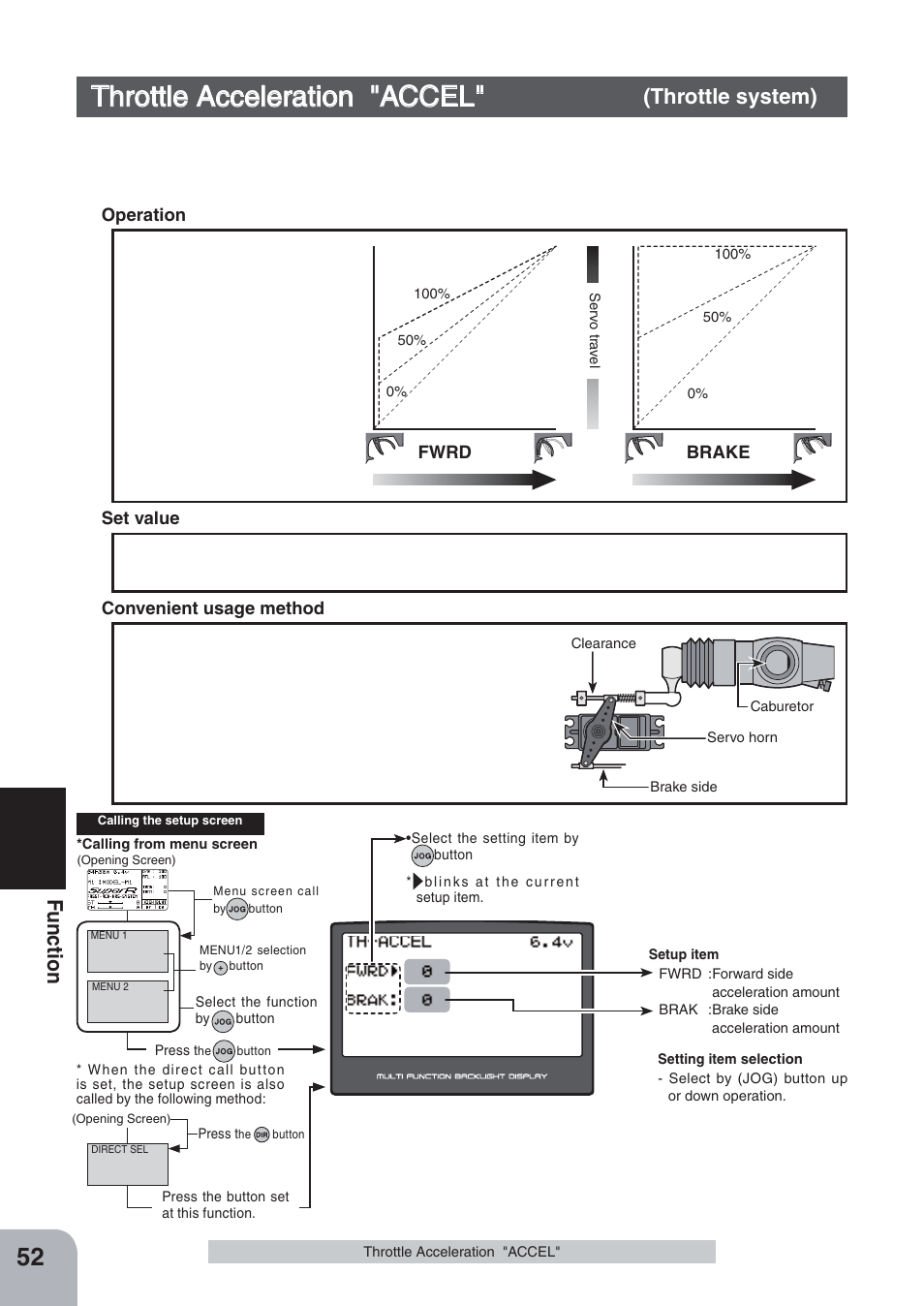 Throttle acceleration "accel, Fu n c tio n | Futaba 4PKS-R 2.4GHz User Manual | Page 52 / 142