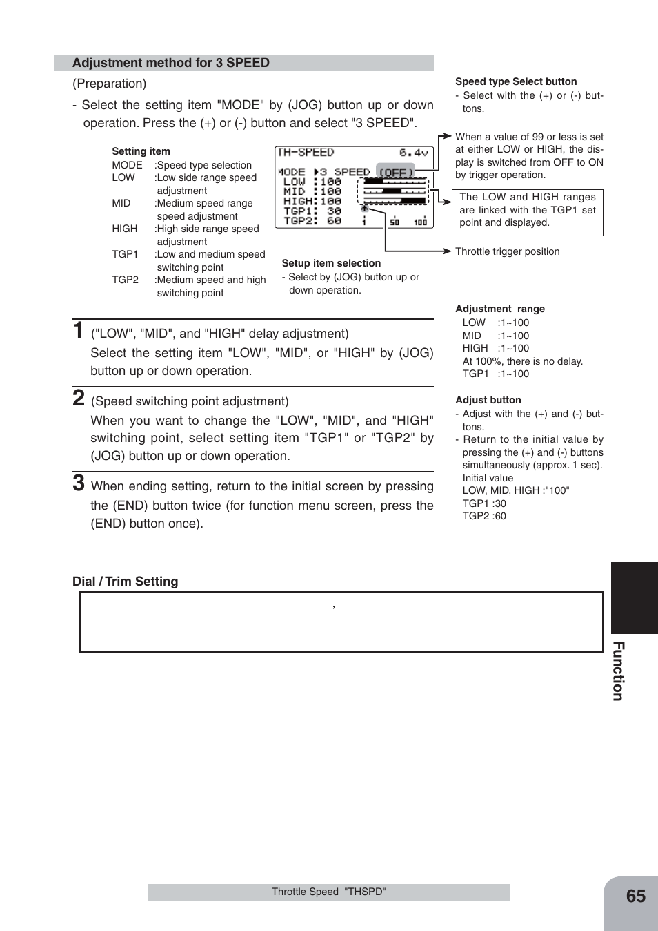 Fu n c tio n, The throttle speed adjustment "low | Futaba 4PKS-R 2.4GHz User Manual | Page 65 / 142