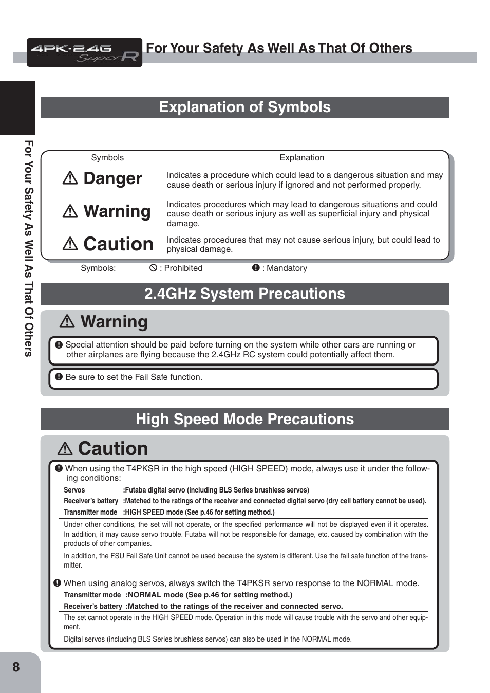 Caution, Warning, Danger | Explanation of symbols, 4ghz system precautions, High speed mode precautions, For your safety as well as that of others | Futaba 4PKS-R 2.4GHz User Manual | Page 8 / 142