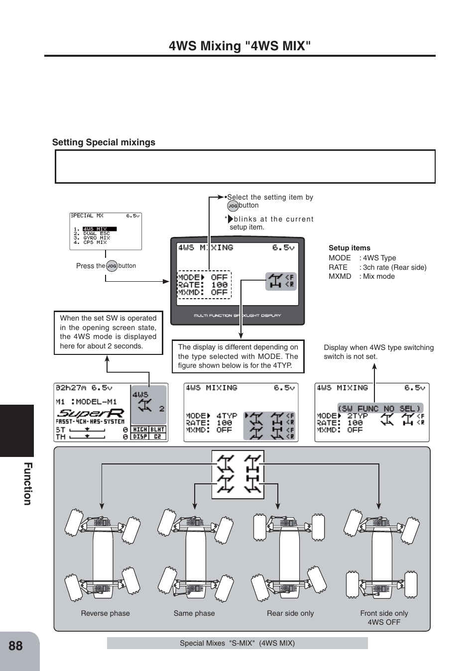 4ws mixing "4ws mix, Fu n c tio n | Futaba 4PKS-R 2.4GHz User Manual | Page 88 / 142