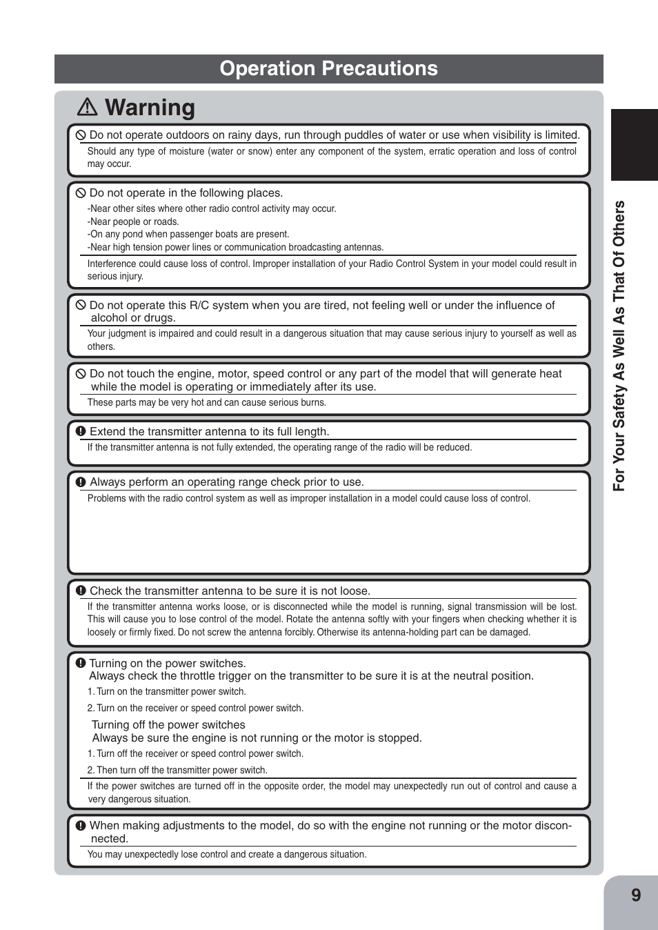 Warning, Operation precautions | Futaba 4PKS-R 2.4GHz User Manual | Page 9 / 142