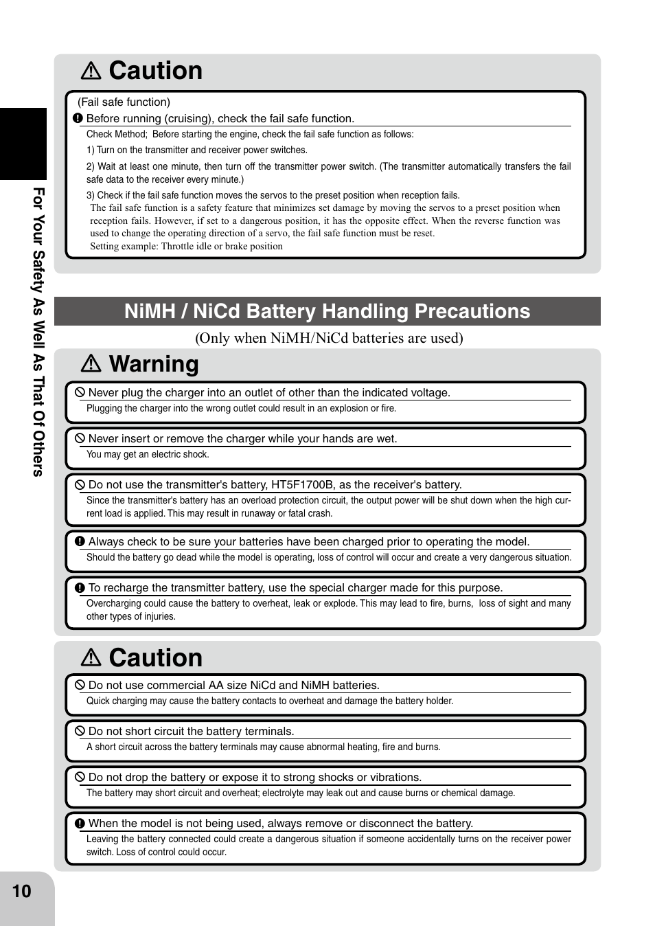 Caution, Ｎ warning ｎ, Nimh / nicd battery handling precautions | Futaba 4PL 2.4GHz FHSS User Manual | Page 10 / 105