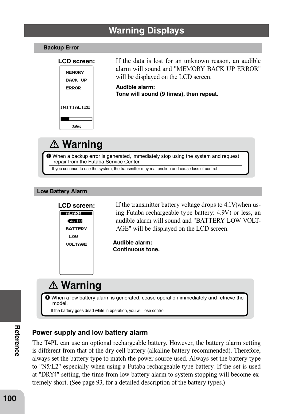Ｎ warning, Warning displays | Futaba 4PL 2.4GHz FHSS User Manual | Page 100 / 105