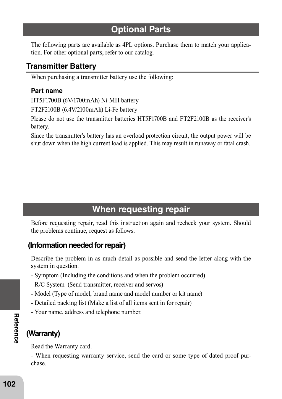 Optional parts, When requesting repair | Futaba 4PL 2.4GHz FHSS User Manual | Page 102 / 105