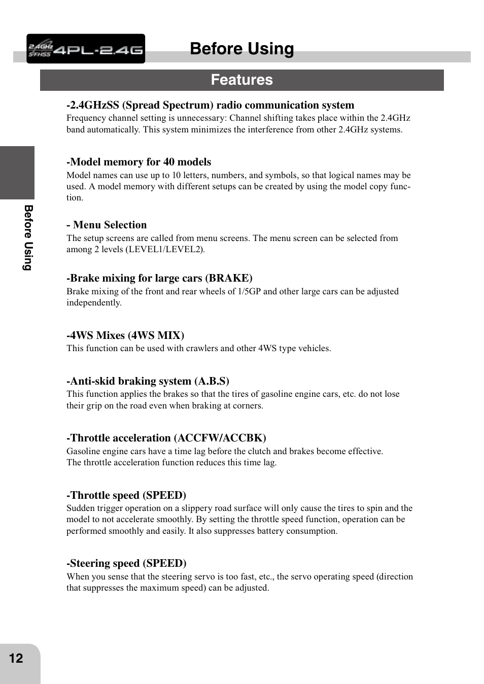 Before using, Features | Futaba 4PL 2.4GHz FHSS User Manual | Page 12 / 105