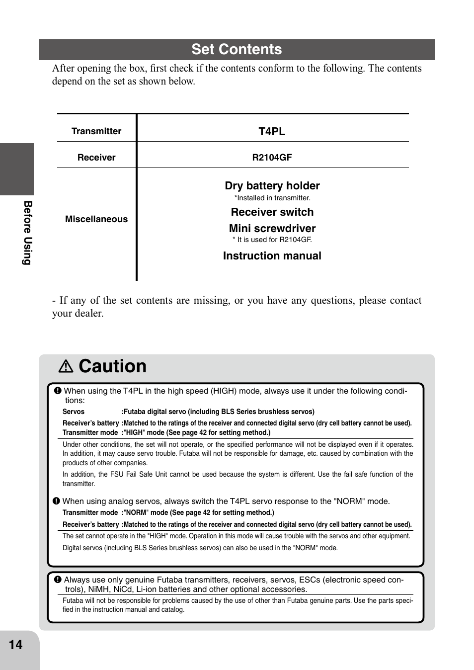 Caution, Set contents | Futaba 4PL 2.4GHz FHSS User Manual | Page 14 / 105