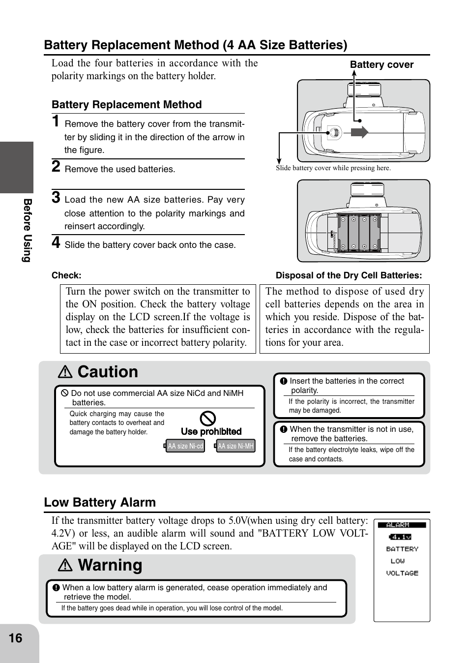 Ｎ caution, Ｎ warning, Battery replacement method (4 aa size batteries) | Low battery alarm | Futaba 4PL 2.4GHz FHSS User Manual | Page 16 / 105