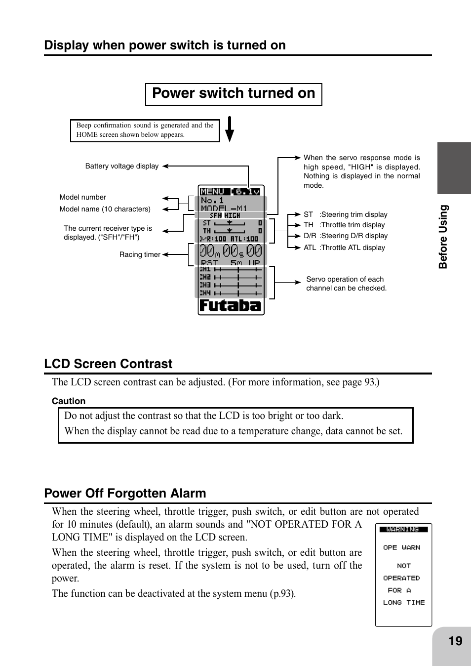 Power switch turned on, Display when power switch is turned on, Lcd screen contrast | Power off forgotten alarm | Futaba 4PL 2.4GHz FHSS User Manual | Page 19 / 105