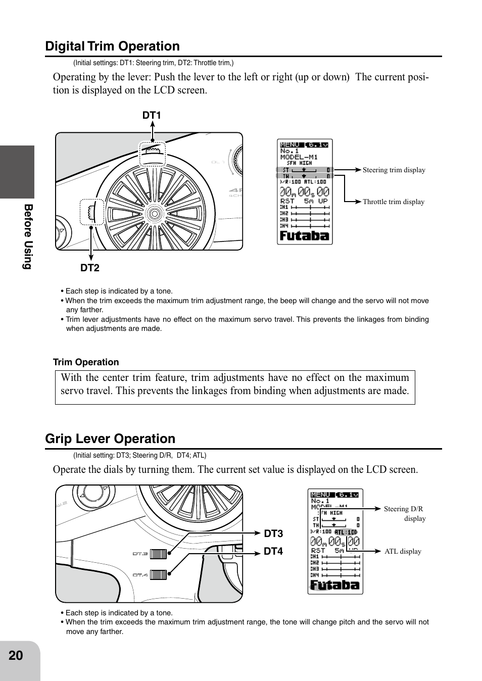 Digital trim operation, Grip lever operation, Be for e using | Futaba 4PL 2.4GHz FHSS User Manual | Page 20 / 105