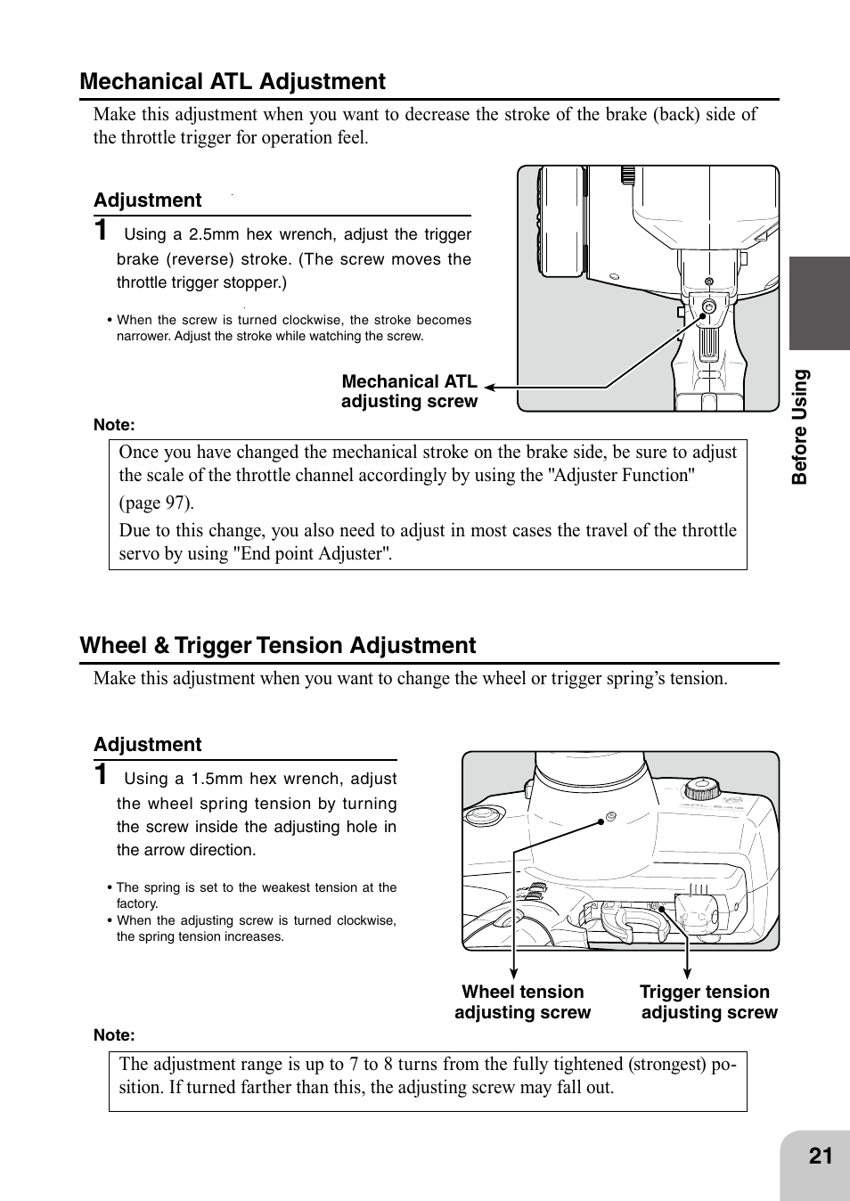 Mechanical atl adjustment, Wheel & trigger tension adjustment | Futaba 4PL 2.4GHz FHSS User Manual | Page 21 / 105