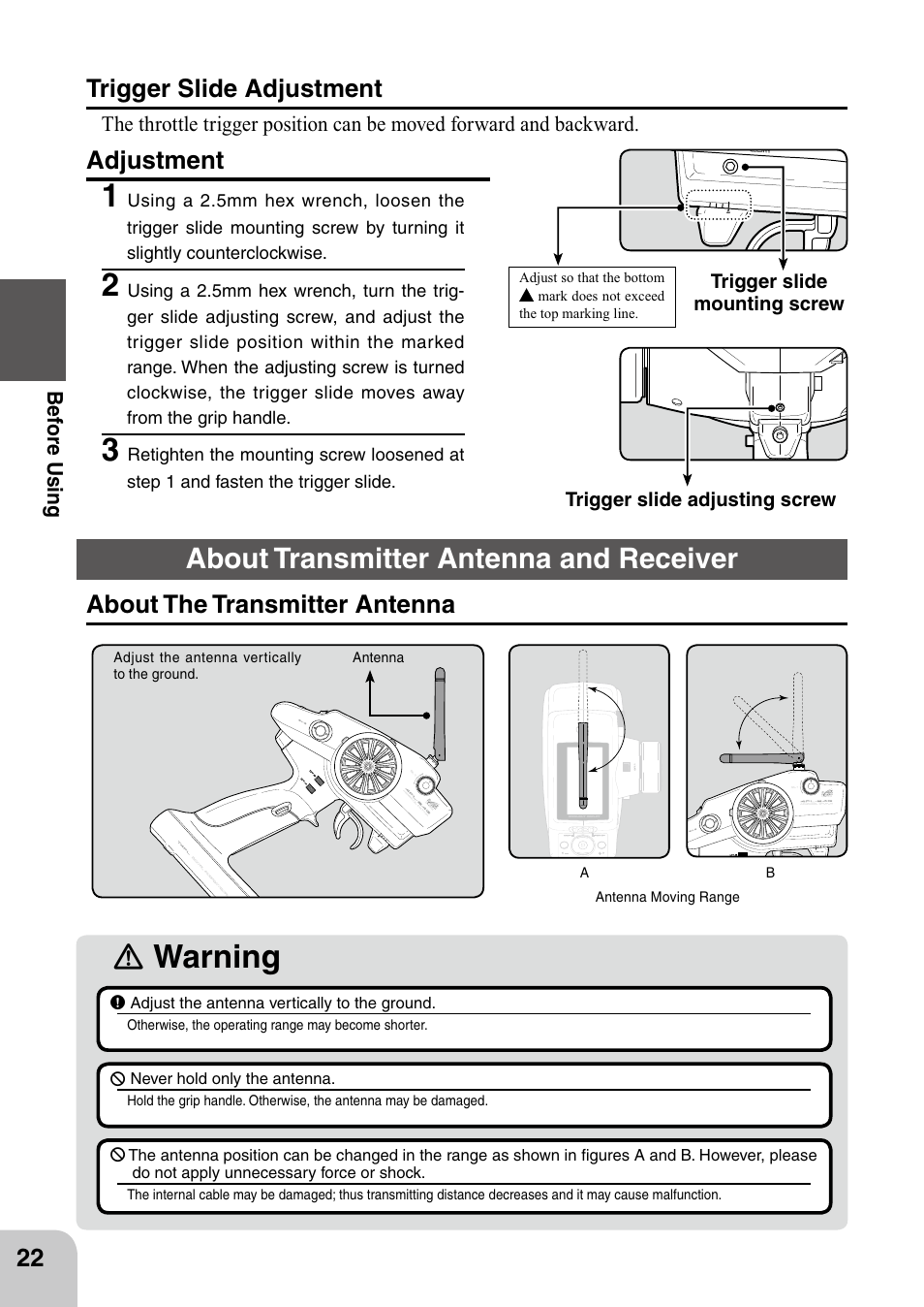Ｎ warning, About transmitter antenna and receiver, Trigger slide adjustment | Adjustment, About the transmitter antenna | Futaba 4PL 2.4GHz FHSS User Manual | Page 22 / 105