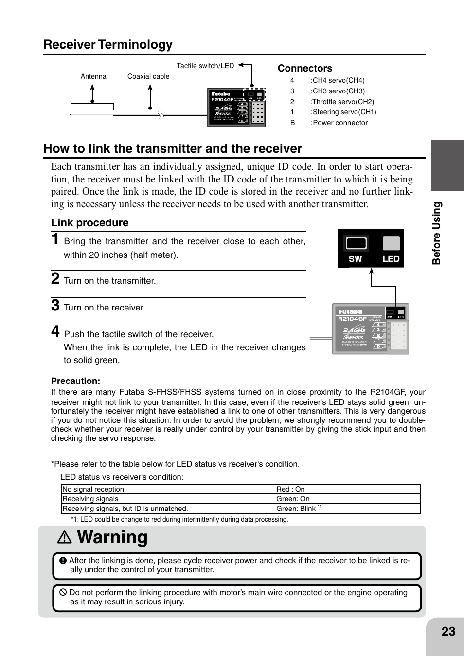 Warning | Futaba 4PL 2.4GHz FHSS User Manual | Page 23 / 105