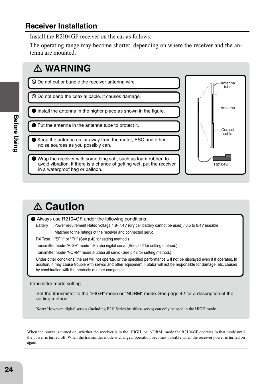 Caution, Ｎ warning ｎ, Receiver installation | Be for e using | Futaba 4PL 2.4GHz FHSS User Manual | Page 24 / 105