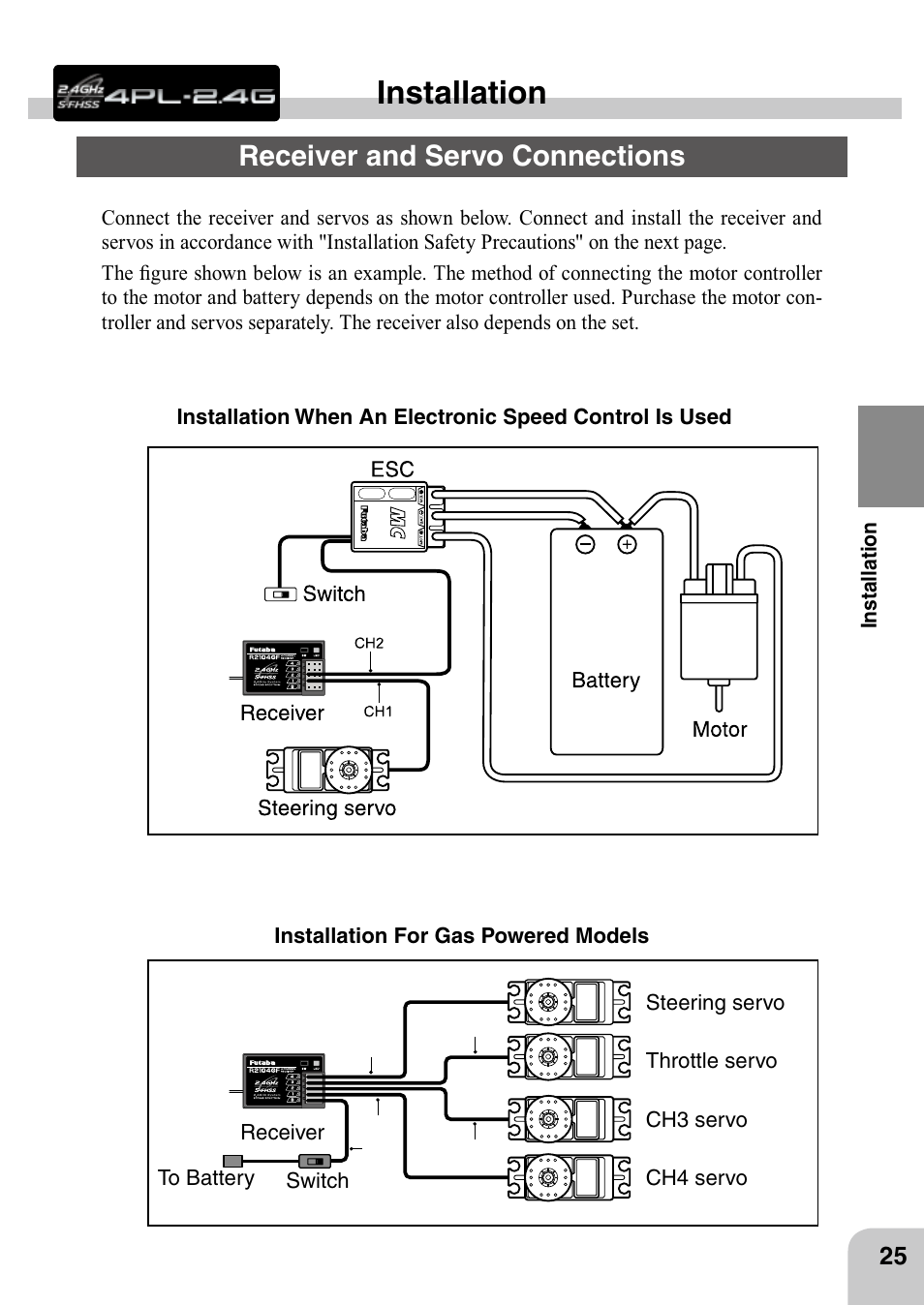 Installation, Receiver and servo connections | Futaba 4PL 2.4GHz FHSS User Manual | Page 25 / 105
