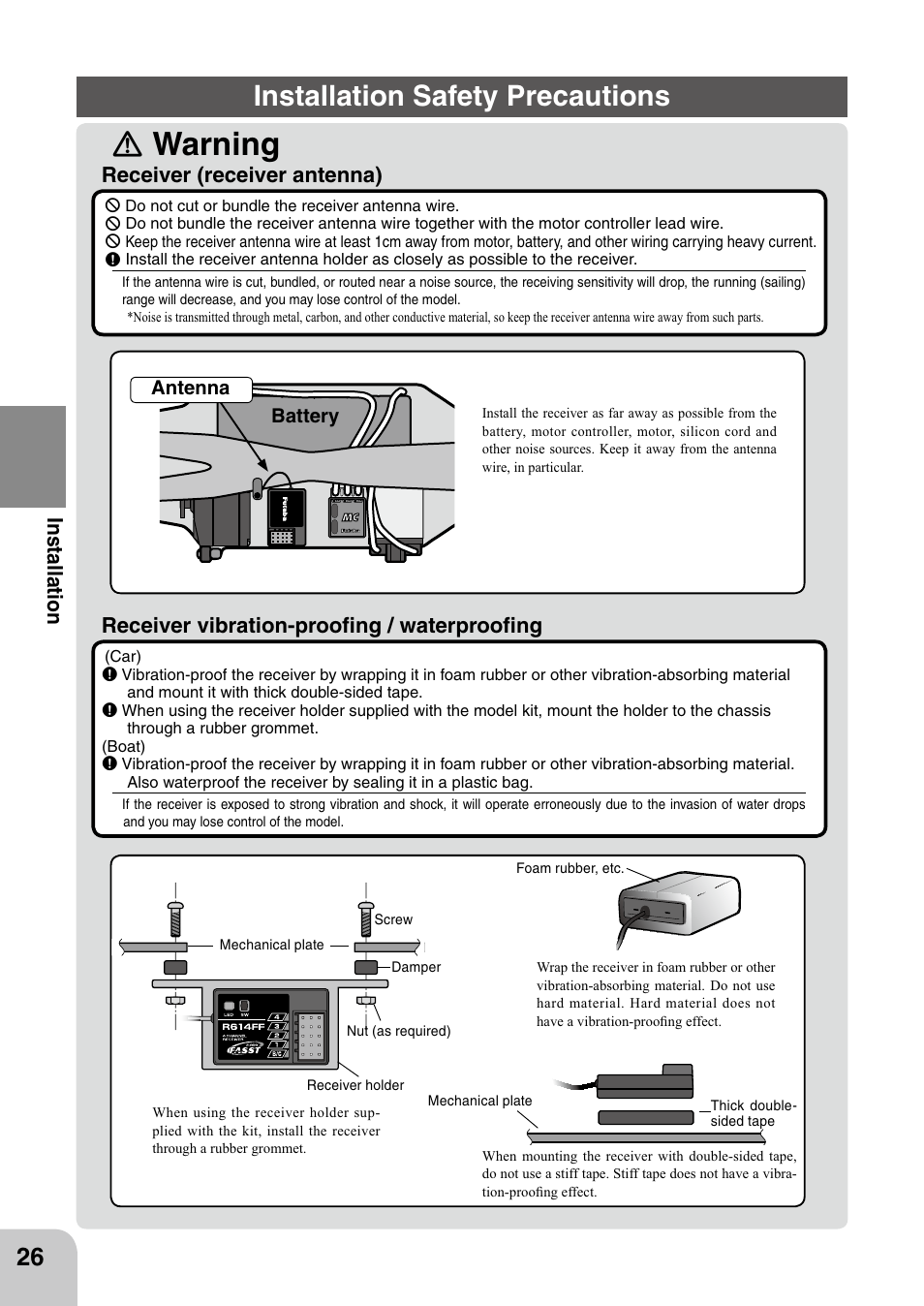 Ｎ warning, Installation safety precautions | Futaba 4PL 2.4GHz FHSS User Manual | Page 26 / 105