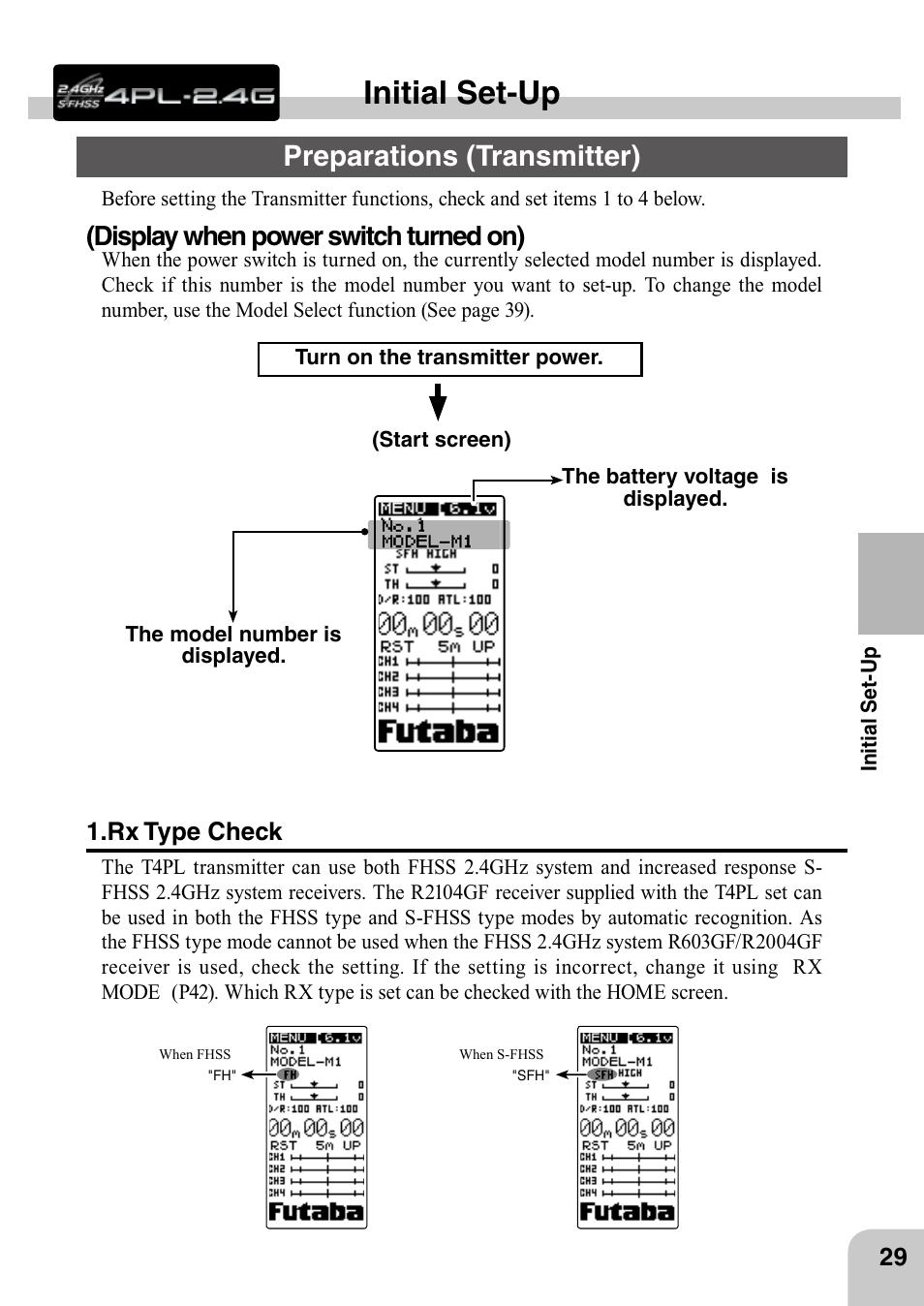 Initial set-up, Preparations (transmitter), Display when power switch turned on) | Futaba 4PL 2.4GHz FHSS User Manual | Page 29 / 105