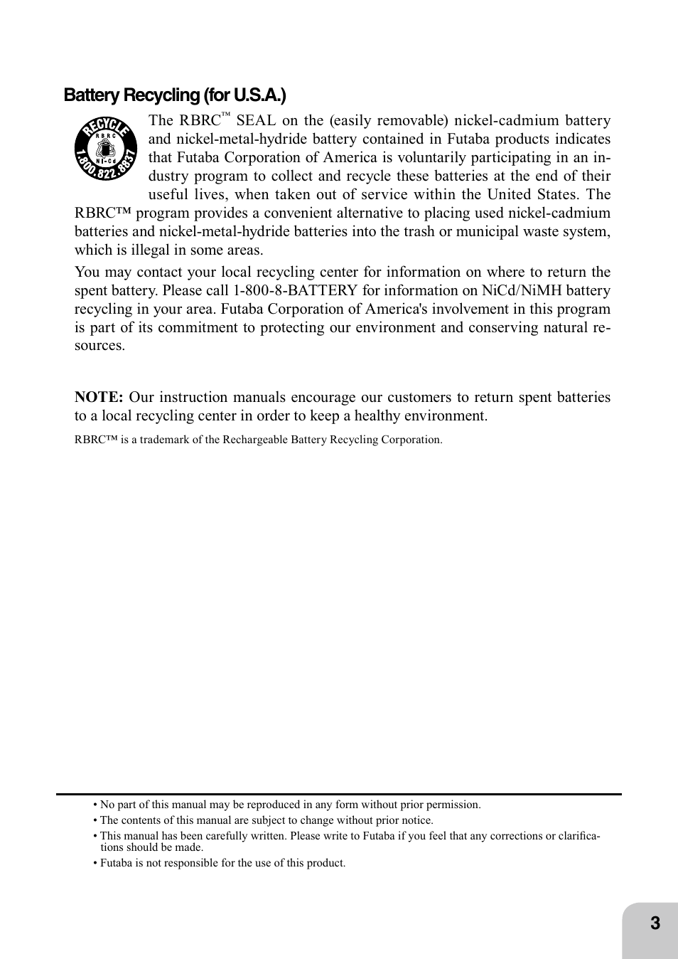 Battery recycling (for u.s.a.) | Futaba 4PL 2.4GHz FHSS User Manual | Page 3 / 105