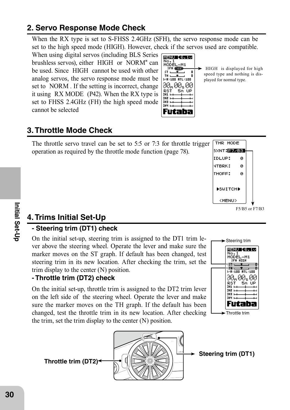 Trims initial set-up, Servo response mode check, Throttle mode check | Futaba 4PL 2.4GHz FHSS User Manual | Page 30 / 105
