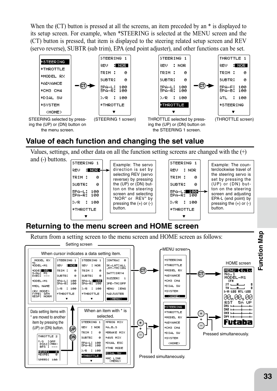 Value of each function and changing the set value, Returning to the menu screen and home screen | Futaba 4PL 2.4GHz FHSS User Manual | Page 33 / 105