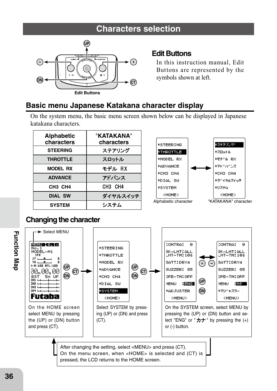 Characters selection, Edit buttons, Basic menu japanese katakana character display | Changing the character | Futaba 4PL 2.4GHz FHSS User Manual | Page 36 / 105